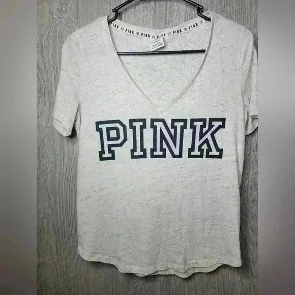PINK by Victoria Secret. V Neck heather gray shirt with PINK logo on front. - Picture 1 of 6